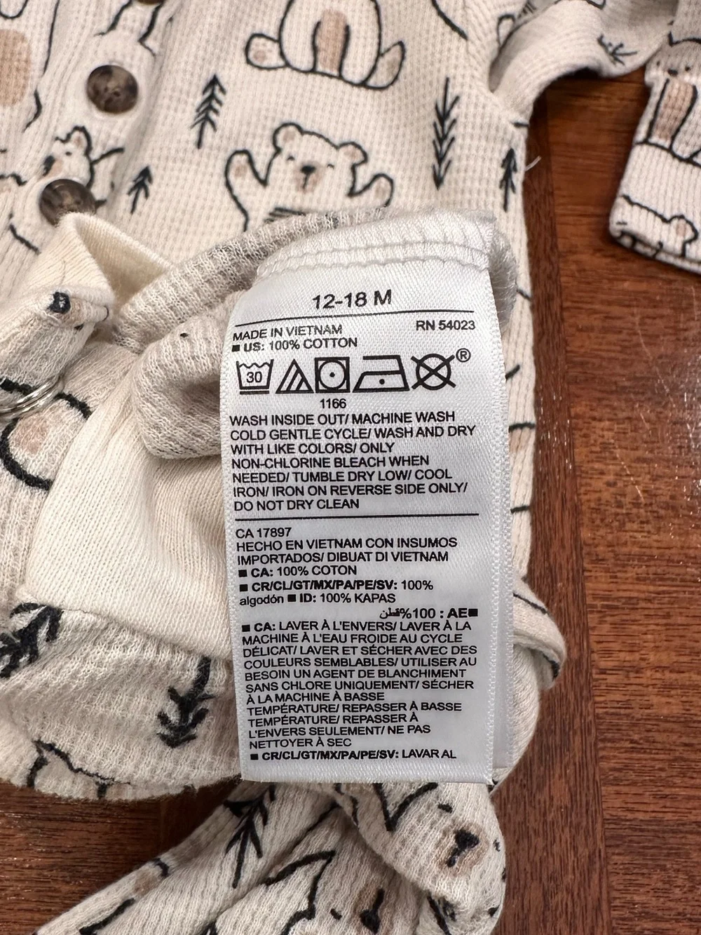 EUC Old Navy Neutral Bear Print Long-Sleeve One-Piece Romper, 12-18 Months